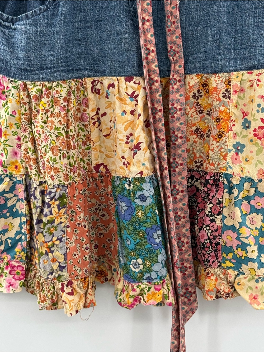 Young Threads Patchwork Floral Denim Skirt Size Medium Boho Prairie Cottagecore - Picture 5 of 10